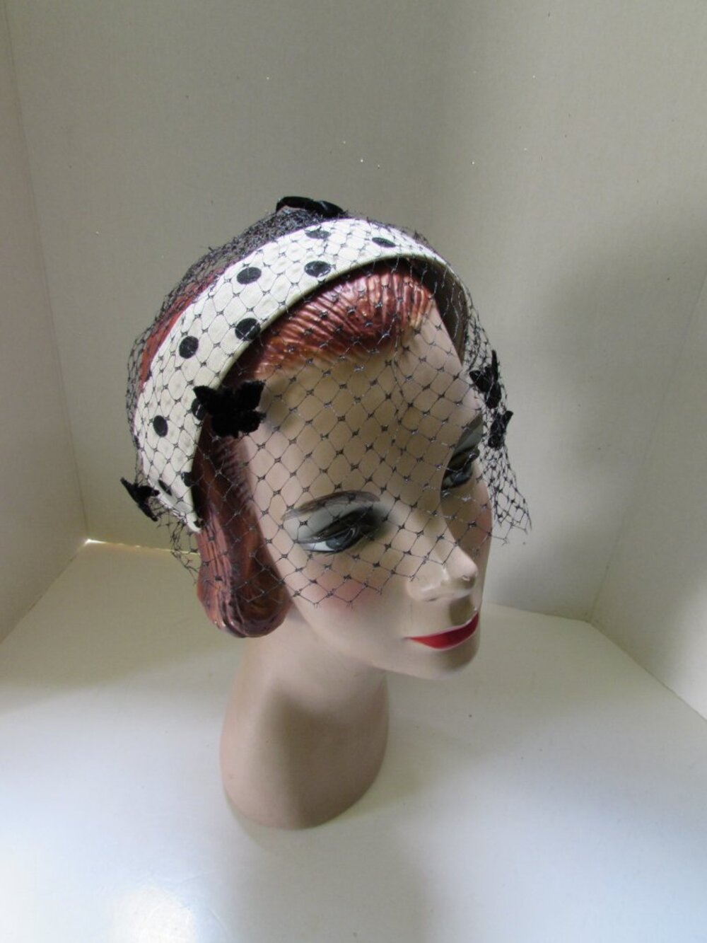 Vintage Head Band Hat White with Black Polka Dots